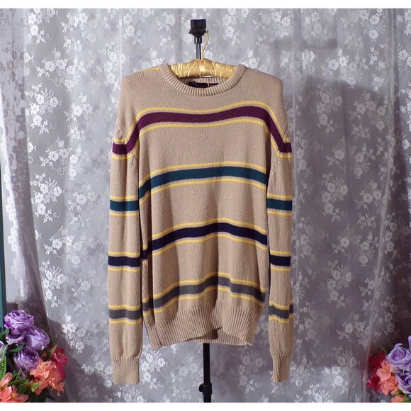 Eddie Bauer Vintage 80s Sweater 1980s Cotton Striped Pullover Size Large - Picture 1 of 5